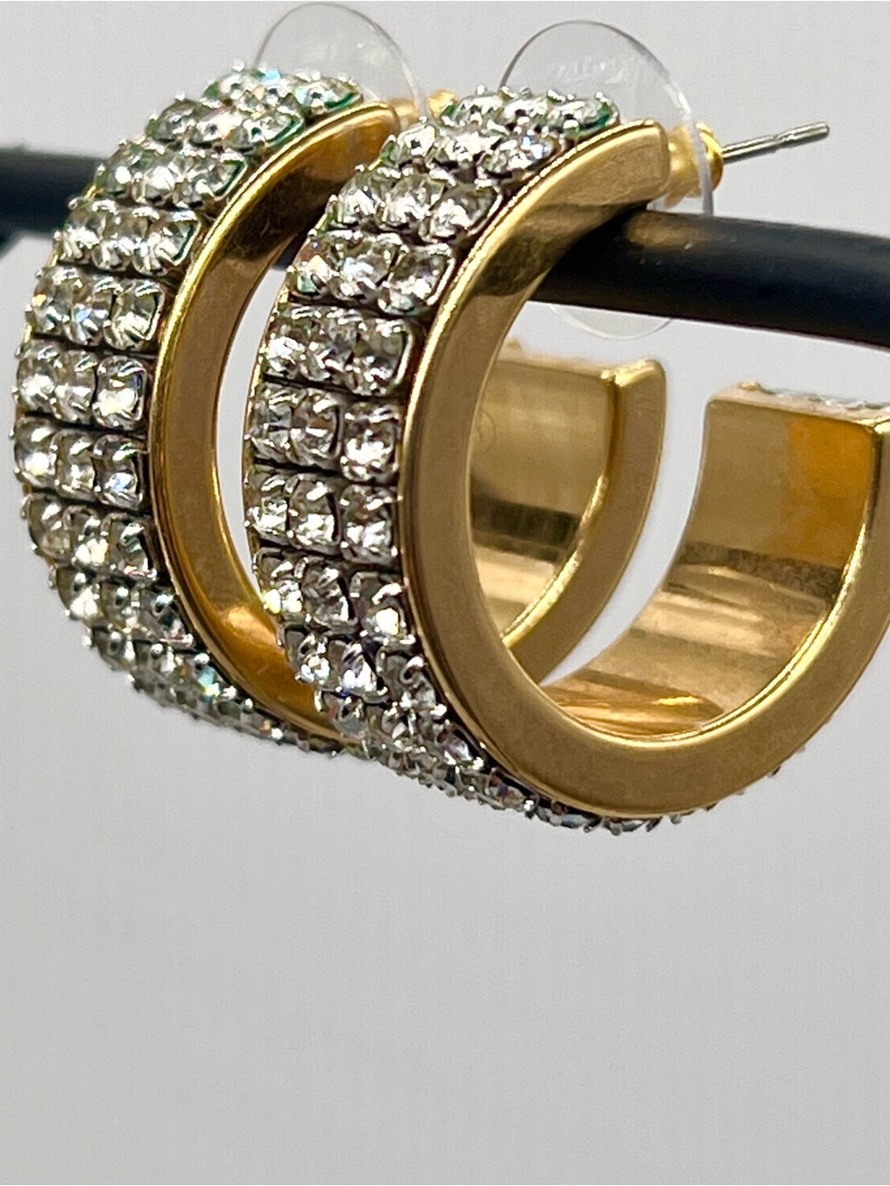 357. Gorgeous Vintage 1980s Gold Tome Pave’ Crystal Post Hoop Earrings